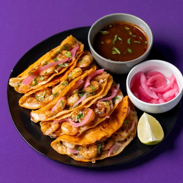 Shrimp tacos with pickled red onions, cilantro, a side of consommé, and lime on a black plate.