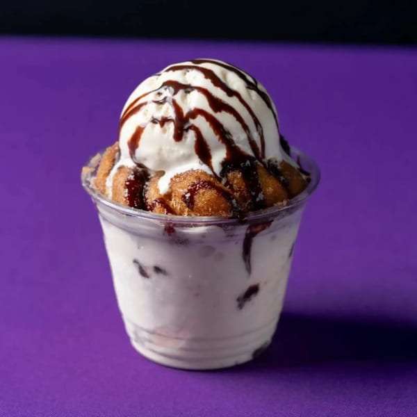 A plastic cup filled with vanilla ice cream, chocolate syrup, and donut holes on a purple surface.