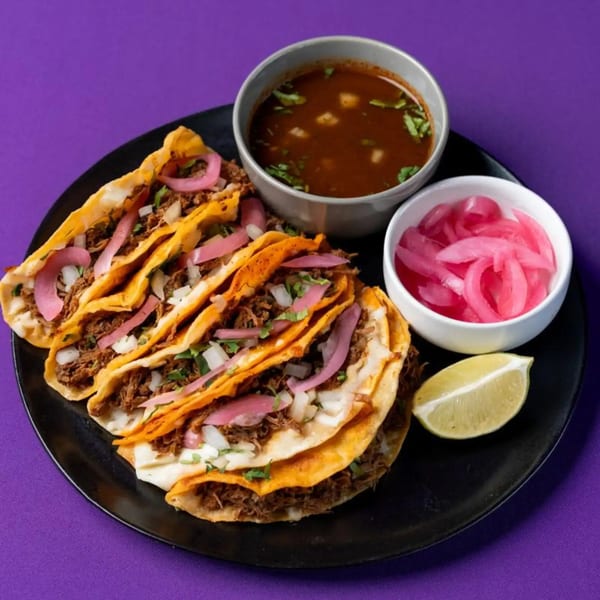 Four birria tacos with pickled red onions, a side of consommé, and a lime wedge.